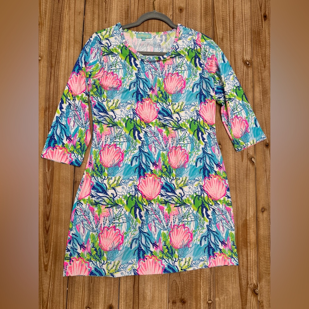 Vibrant Shell Print Floral Shift Dress in Aqua & Pink | Sz S | Palm Beach Style